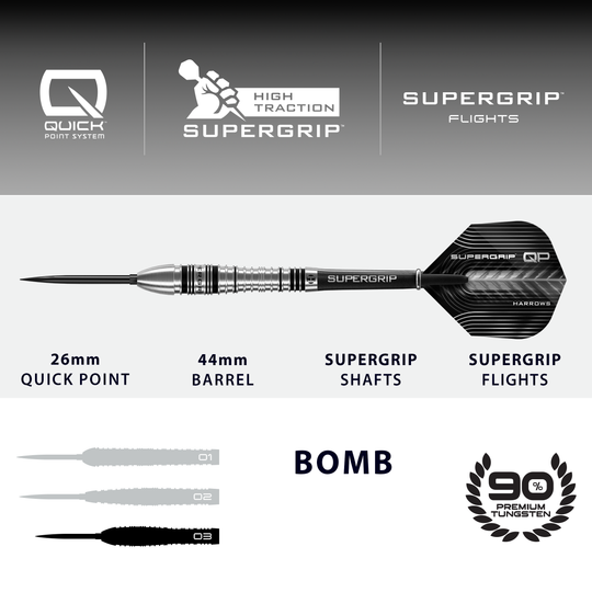 Freccette in acciaio Harrows Supergrip Bomb Quick Point Dies ist ein Bild der Harrows Supergrip Bomb Quick Point Steeldarts. Die Steeldarts zeichnen sich durch ihren besonders guten Grip aus.