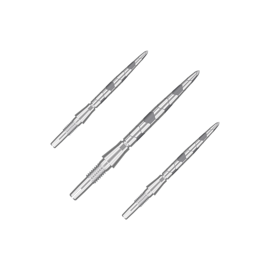 Auf dem Bild sind drei silberne Dartspitzen zu sehen. Sie haben ein längliches, geriffeltes Design und sind aus Metall gefertigt.