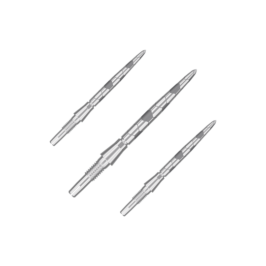 Punte per freccette Target Swiss Storm Onyx Point - Argento Auf dem Bild sind drei silberne Dartspitzen zu sehen. Sie haben ein längliches, geriffeltes Design und sind aus Metall gefertigt.