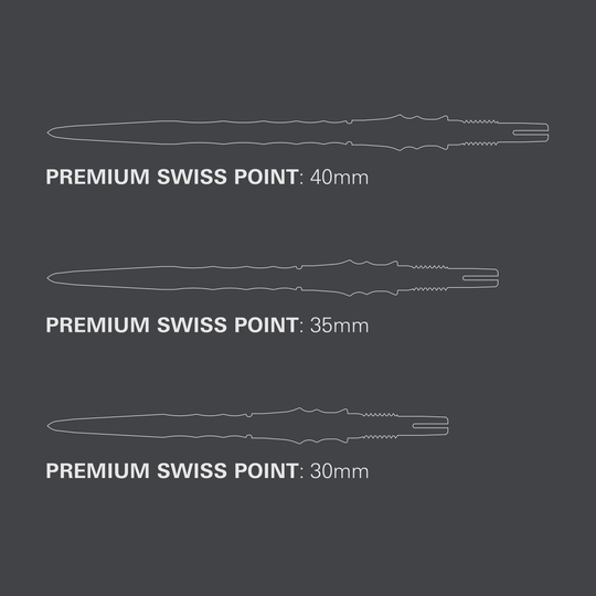 Punte per freccette Target Japan Premium Swiss Point in acciaio - Nere Zu sehen sind die Target Japan Premium Swiss Point Steldartspitzen - Schwarz. Die Dartspitzen sind in einem modernen schwarzen Design gehalten.