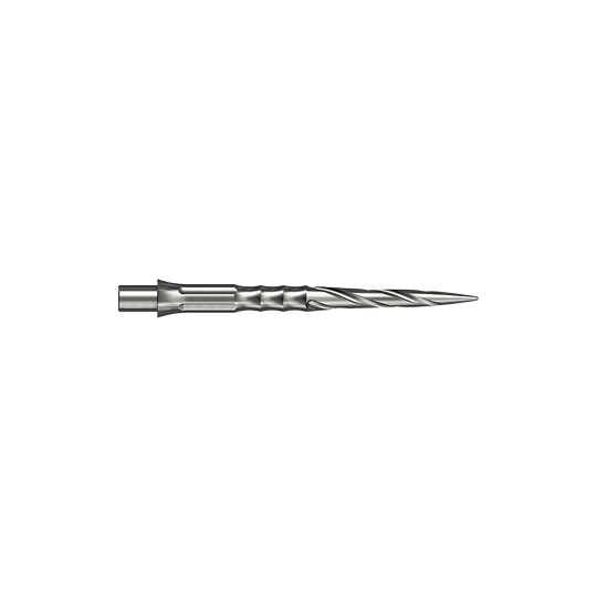 Punte per freccette in acciaio Caliburn System - Spiro - NoLip - argento Hier sind silberne Steeldartspitzen des Caliburn Evo Systems mit Spiro-Design und 28 mm Länge abgebildet. Zwei dieser Spitzen liegen nebeneinander.