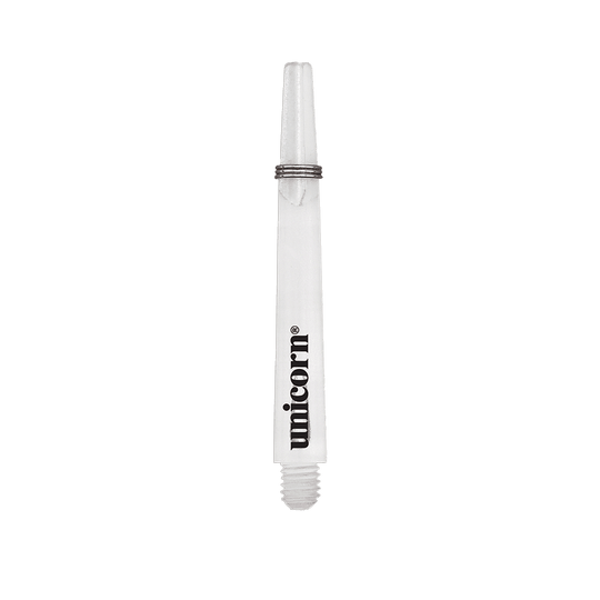 Unicorn Gripper 3 Mirage Shafts - Trasparente - 44,2 mm Das Bild zeigt einen klaren Unicorn Gripper 3 Mirage Shaft mit einer Länge von 44,2 mm. Auf dem Schaft ist das schwarze "unicorn" Logo zu sehen.