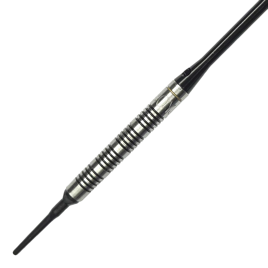 Dardi morbidi McDart 85 Tungsten V17 - 16,5 g Das Bild zeigt einen McDart 85er Tungsten V17 Softdart mit einem Gewicht von 16,5g. Der Dart hat ein silber-schwarzes, griffiges Barrel und eine schwarze Spitze.