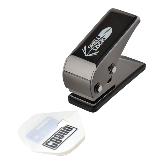 Punzone di volo per blocco guscio One80 in stile L Das Bild zeigt den L-Style One80 Shell Lock Punch Flightlocher. Neben dem Locher liegt ein gestanztes Dart-Flight.