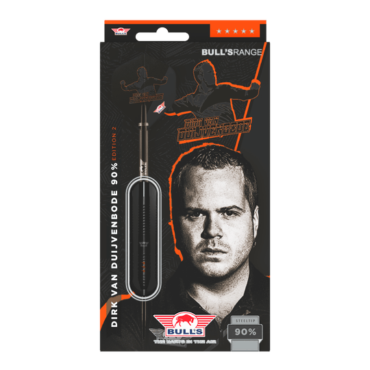 Bulls NL Dirk Van Duijvenbode Edition 2 freccette in acciaio Die Abbildung zeigt die Verpackung der "Bulls NL Dirk Van Duijvenbode Edition 2 Steeldarts". Auf der Verpackung ist ein Bild von Dirk Van Duijvenbode sowie ein Dartpfeil zu sehen.