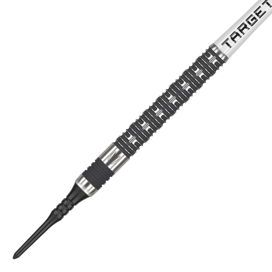 Freccette morbide Target Chris Dobey Hollywood Action - 20 g Das Bild zeigt einen Softdart aus der Serie "Target Chris Dobey Hollywood Action Softdarts - 20g". Der Dart hat ein markantes, silber-schwarzes Design mit einem strukturierten Griff.