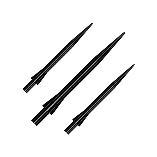 Punte per freccette in acciaio Winmau Velocity Black - 30 mm Das Bild zeigt drei schwarze Steeldartspitzen des Modells "Winmau Velocity Black" in 30 mm Länge. Die Spitzen sind spitz zulaufend und metallisch glänzend.