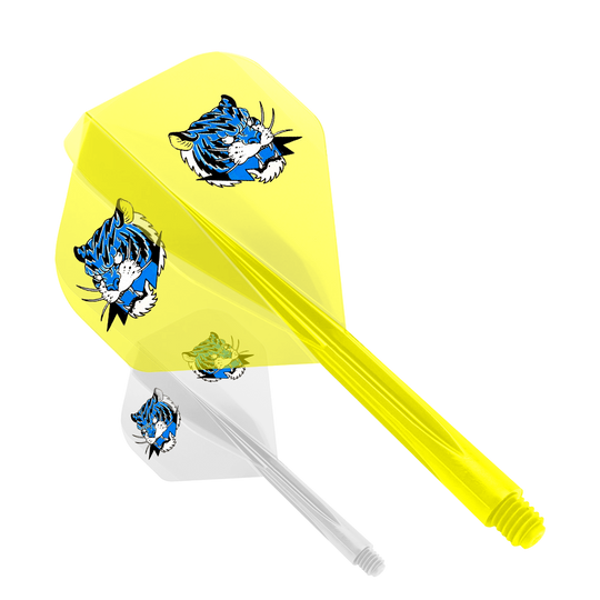 Condor AX Inazuma Tiger Mix Flight System Giallo Trasparente - Piccolo Das Bild zeigt das Produkt "Condor AXE Inazuma Tiger Mix Flight-System Yellow Clear - Small". Es handelt sich um einen gelben Dart-Flügel mit einem auffälligen Tigerkopf-Design.