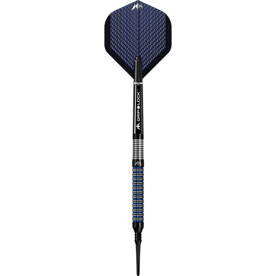 Freccette morbide Mission Nightfall Model 1 Das Bild zeigt einen Softdart namens "Mission Nightfall Model 1". Der Dart hat schwarze und blaue Akzente sowie eine strukturierte Griffzone.
