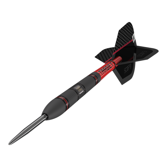 Freccette in acciaio Target Scope 02 Swiss Point Das Bild zeigt den Target Scope 02 Swiss Point Steeldart. Der Dartpfeil hat ein schwarzes und rotes Design mit einer metallischen Spitze und schwarzen Flights.