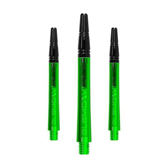 Alberi Harrows Alamo VS2 - Verdi Ein Set langer Dart-Schäfte mit glänzender Textur ist zu sehen. Die Schäfte liegen sortiert nebeneinander.