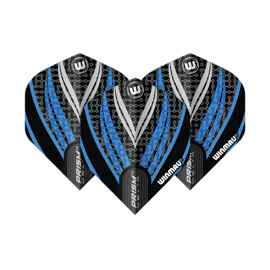 Voli standard Winmau Prism Delta Nero Bianco Blu n. 2 Das Bild zeigt drei Dart-Flights des Modells "Winmau Prism Delta" in Schwarz, Weiß und Blau. Die Flights haben ein modernes, gemustertes Design mit den Markenaufschriften "Winmau" und "Prism Delta".