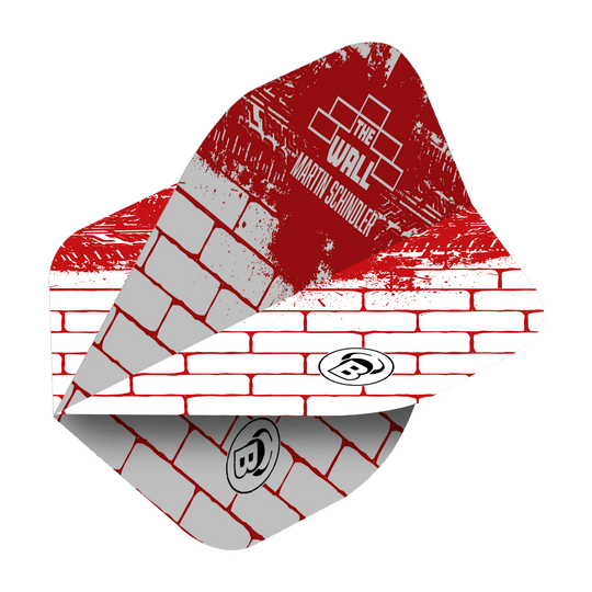 Bulls Metrixx Martin Schindler Bianco Rosso No2 Voli Standard Das Bild zeigt ein Dartflight im roten und weißen Ziegelstein-Design mit der Aufschrift "The Wall Martin Schindler". Das Produkt ist ein Bulls Metrixx Martin Schindler White Red No2 Standard Flight.