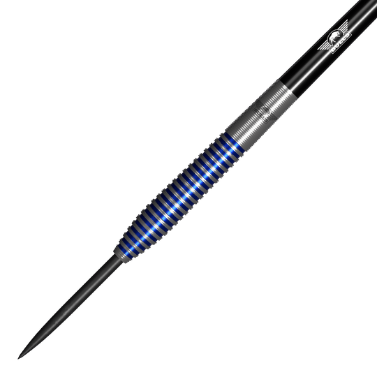 Bulls NL Romeo Grbavac freccette in acciaio - 23 g Das Bild zeigt einen Steeldartpfeil mit silbernen und blauen Ringen am Griff. Es handelt sich um das Produkt "Bulls NL Romeo Grbavac Steeldarts - 23g".