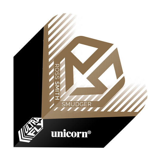 Voli Unicorn Ultrafly 100 Ross Smith Plus Das Bild zeigt ein Dartflight mit dem Namen "Unicorn Ultrafly 100 Ross Smith Plus Flights". Es ist in Schwarz, Weiß und Gold gestaltet und trägt den Namen "Ross Smith" sowie das Logo "Unicorn".