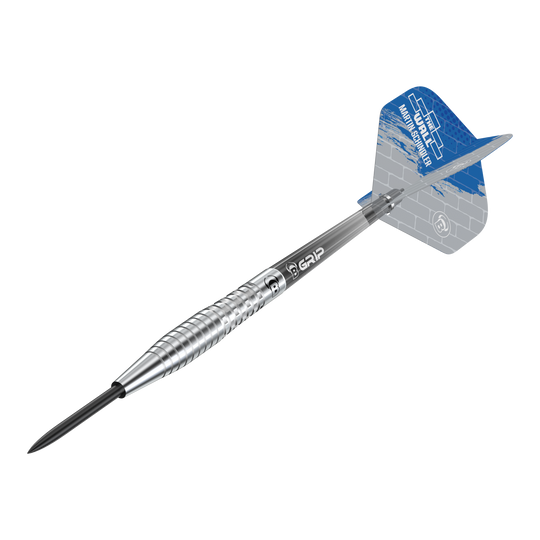 Das Bild zeigt einen Bulls Martin Schindler Original Generation 2 Steeldartpfeil. Der Dartpfeil hat einen silbernen, geriffelten Schaft und ein blau-graues Flight mit Aufdruck.