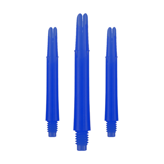 Alberi a L bloccati dritti - Blu Auf dem Bild sind drei blaue, gerade Dartschäfte zu sehen. Sie haben ein Schraubgewinde am unteren Ende und sind in einer Reihe angeordnet.