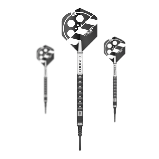 Freccette morbide Target Chris Dobey Hollywood Action - 20 g Das Bild zeigt drei Softdarts des Produkts "Target Chris Dobey Hollywood Action Softdarts - 20g". Die Flights der Darts sind mit einem schwarz-weißen Hollywood-Design verziert.