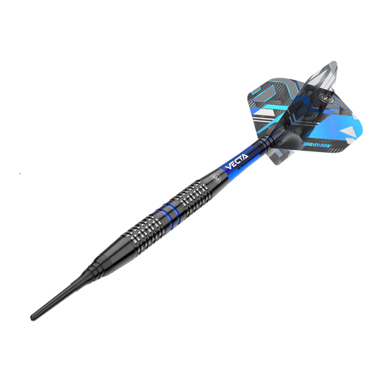 Freccette morbide Winmau Galactics - 20 g Das Bild zeigt einen Winmau Galactics Softdart mit einem Gewicht von 20 Gramm. Der Dart ist überwiegend schwarz mit blauen Akzenten und verfügt über ein modernes Design.