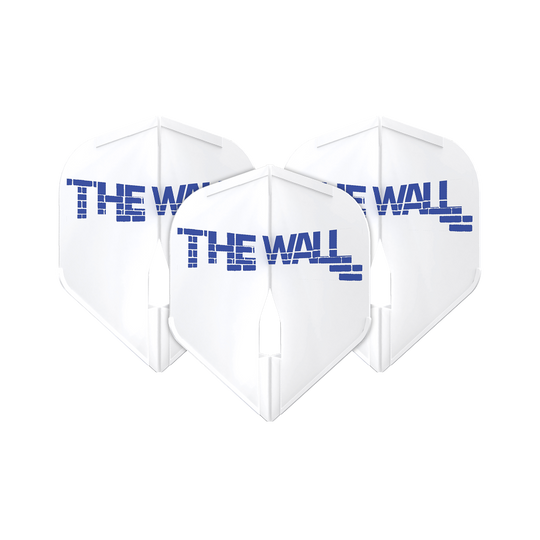 Das Bild zeigt drei weiße Dartflights mit der Aufschrift "THE WALL" in blauer Schrift. Die Flights sind das Modell "L-Style Martin Schindler Weiß L1PRO".