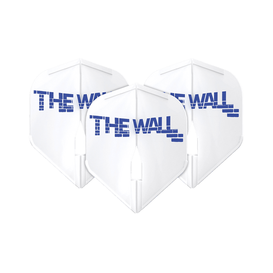 Voli L-Style Martin Schindler White L1PRO Das Bild zeigt drei weiße Dartflights mit der Aufschrift "THE WALL" in blauer Schrift. Die Flights sind das Modell "L-Style Martin Schindler Weiß L1PRO".
