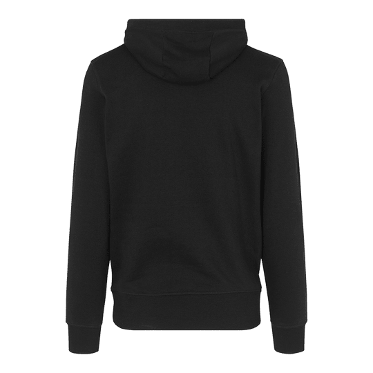 Felpa con cappuccio Barili e Alberi - Nera Auf dem Bild ist ein schwarzer Hoodie von hinten zu sehen. Der Hoodie hat eine Kapuze und lange Ärmel.