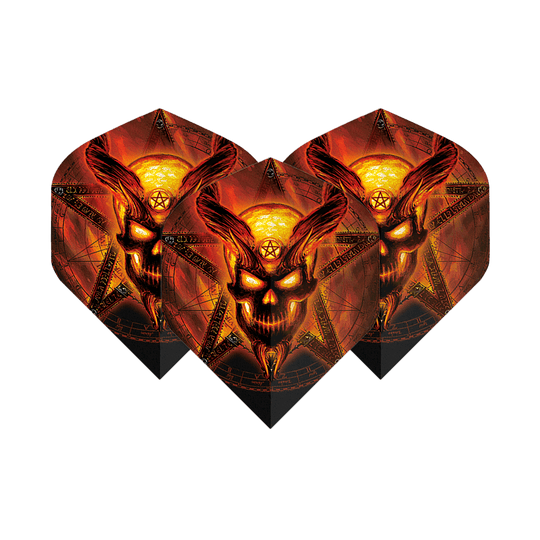 Voli standard n. 2 del Tempio in fiamme dell'alchimia Die Abbildung zeigt drei Dart-Flights mit einem brennenden, dämonischen Totenkopf-Design vor einem Pentagramm. Die Farben sind hauptsächlich feuriges Rot und Gelb, was dem Produkt ein auffälliges und dramatisches Aussehen verleiht.
