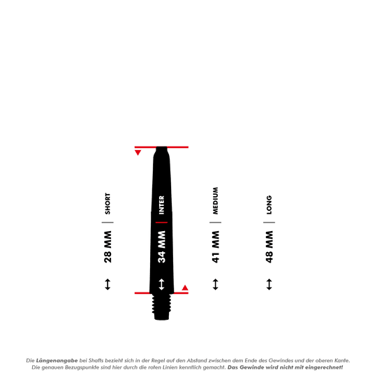 _McDart_Scope_Nylon_Shafts_5_34mm Das Bild zeigt die McDart Scope Nylon Shafts in verschiedenen Längen. Die Längen sind 28 mm (Short), 34 mm (Inter), 41 mm (Medium) und 48 mm (Long) angegeben.