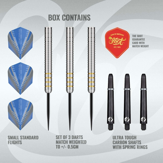 Freccette Shot Ritchie Edhouse Core Steel Auf dem Bild sind die Shot Ritchie Edhouse Core Steeldarts zu sehen. Dieses Produkt ist speziell für Dartspieler entwickelt.