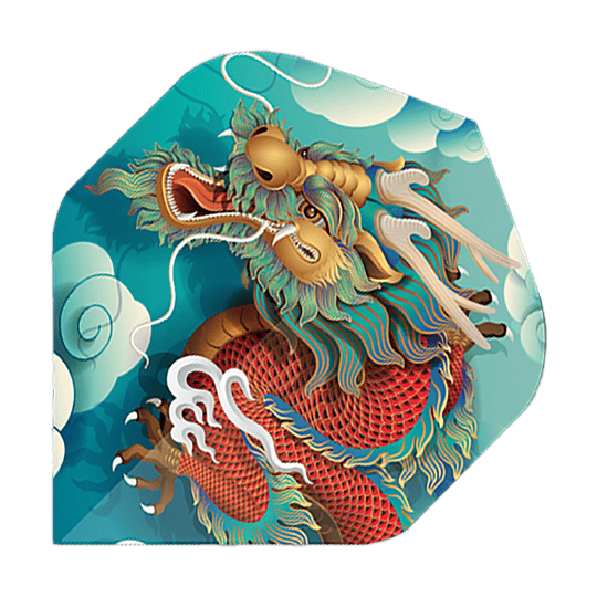 Voli Pentathlon Dragon Das Bild zeigt ein Dart-Flight mit einem bunten Drachenmotiv auf blauem Hintergrund. Es handelt sich um das Produkt "Pentathlon Dragon 5 Standard Flights".