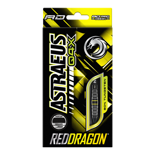 Freccette morbide Red Dragon Astraeus Q4X Torpedo - 20 g Die Verpackung zeigt die "Red Dragon Astraeus Q4X Torpedo Softdarts" mit einem Gewicht von 20g. Das Design ist in Schwarz und Gelb gehalten und hebt hervor, dass die Darts aus 90% Tungsten bestehen.