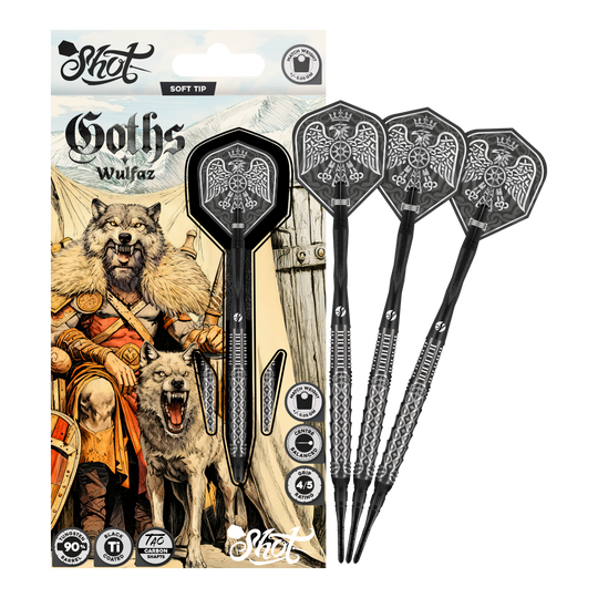 Freccette morbide Shot Goths Wulfaz - 20 g Abgebildet sind die Shot Goths Wulfaz Softdarts - 20g in einer Gesamtansicht. Sie sind perfekt für Softdartspieler geeignet.