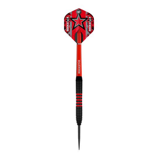 Freccette in acciaio Winmau Joe Cullen in ottone - 20 g Das Bild zeigt einen Winmau Joe Cullen Brass Steeldart mit einem Gewicht von 20g. Der Dart ist überwiegend rot und schwarz gestaltet und trägt die Aufschrift "Rockstar" auf dem Schaft und dem Flight.