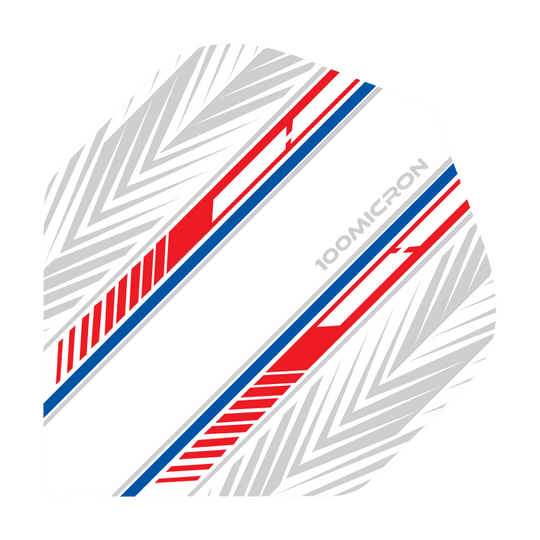 Voli Pentathlon bianchi/rossi/blu Das Bild zeigt ein Dartflight in Weiß mit roten und blauen Streifen. Auf dem Flight steht „100 Micron“ und es hat ein geometrisches Muster im Hintergrund.