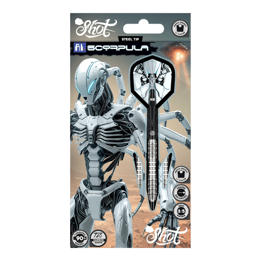 Tiro AI Scorpula Steeldarts Das Bild zeigt die Shot AI Scorpula Steeldarts. Die Darts haben ein modernes und auffälliges Design.