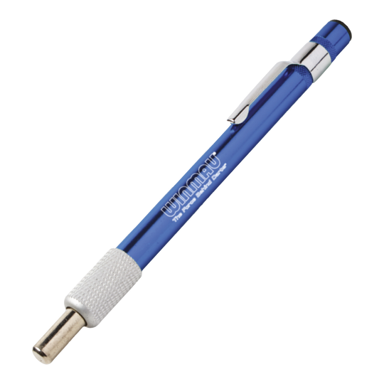 Pietra per affilare Winmau Diamond Point Ein blauer Schleifstein für Dartspitzen ist abgebildet. Das Produkt dient dazu, die Spitzen von Darts zu schärfen.