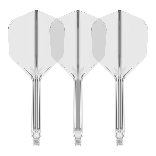 Sistema di volo Target K-Flex No6 - Trasparente Es ist ein Flight-System abgebildet, vermutlich das Target K-Flex No6 Clear mit 33 mm Länge. Das Bild zeigt ein transparentes Dart-Zubehör.