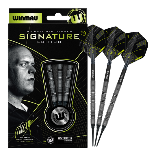 Winmau Michael Van Gerwen Signature Edition Softdarts - 20g Hier sieht man die Winmau Michael Van Gerwen Signature Edition Softdarts mit 20g. Die vollständige Ansicht der Darts ist dargestellt.