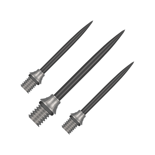 Gezeigt wird ein Set der Shot Fynx Conversion Points mit 32 mm Länge. Diese Spitzen bieten Vielseitigkeit beim Dartspielen.