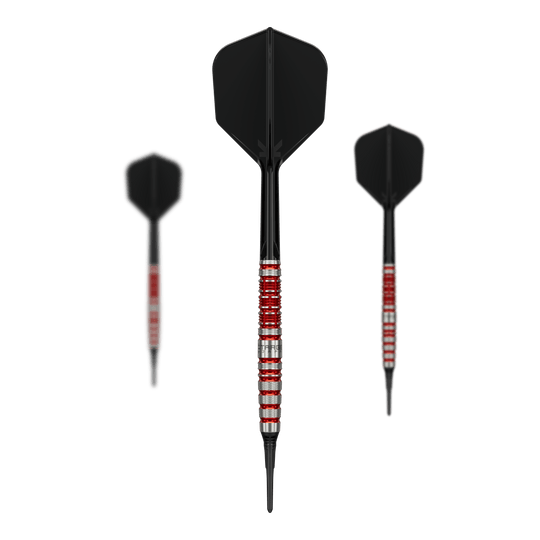 Target Black Marque Spinel Softdarts - 21,5g ist ein Softdart-Set für präzises Spiel. Das Bild zeigt alle Komponenten des Sets auf einen Blick.