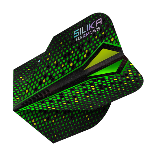 Harrows Silika Colorshift Resistente rivestimento cristallino Green-X No6 Alette Die Abbildung zeigt die Harrows Silika Colourshift Tough Crystalline Coating Green-X No6 Flights. Das Produkt hebt sich durch ein farbiges Design hervor.