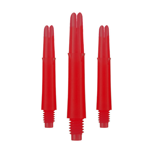 Alberi a L bloccati dritti - Rosso Auf dem Bild sind drei rote, gerade Dartschäfte zu sehen. Sie haben ein Schraubgewinde am unteren Ende und sind jeweils 32 mm lang.