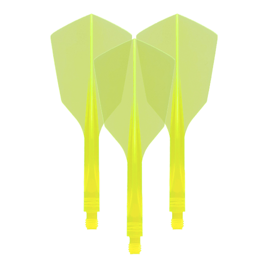 Condor Ax 120 Flight System Neon Yellow - Stretto Das Bild zeigt drei neon-gelbe Dartflights mit schmaler Form. Es handelt sich um das Produkt „Condor Axe 120 Flight-System Neon Yellow - Narrow“.