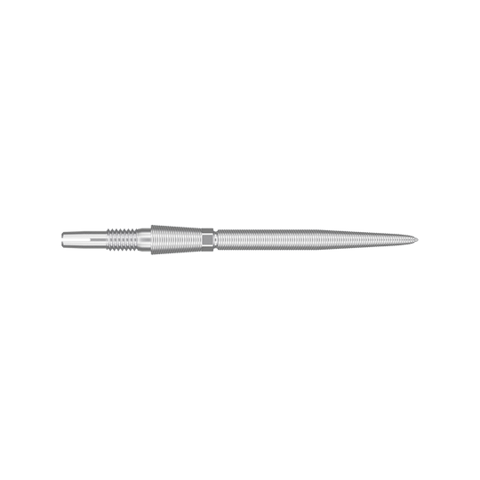 340081_Target_Swiss_Storm_Nano_Point_Dartspitzen_Silber_30mm_2 Dies ist eine silberne Dartspitze mit feinen Rillen. Sie ist schmal und hat eine spitz zulaufende Form.
