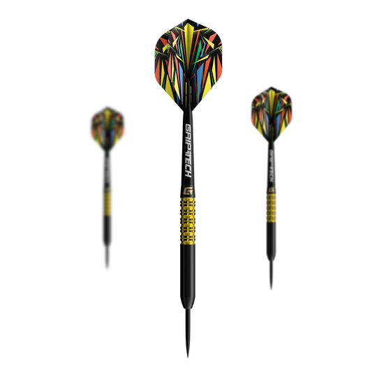 Freccette in acciaio al tungsteno giallo GOAT Athlete Das Bild zeigt einen gelben Tungsten-Steeldart. Das Produkt ist unter dem Namen 'GD7000770 GOAT Athlete Yellow Tungsten Steeldarts 1 Set' bekannt.