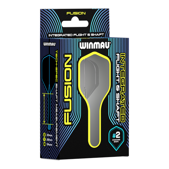 Sistema di alberi di volo a fusione Winmau Standard Smokey Auf dem Bild ist eine Verpackung des Winmau Fusion Integrated Flight & Shaft Systems zu sehen. Das Produkt hat die Größe 22 mm und ist in der Farbe "Smokey" erhältlich.