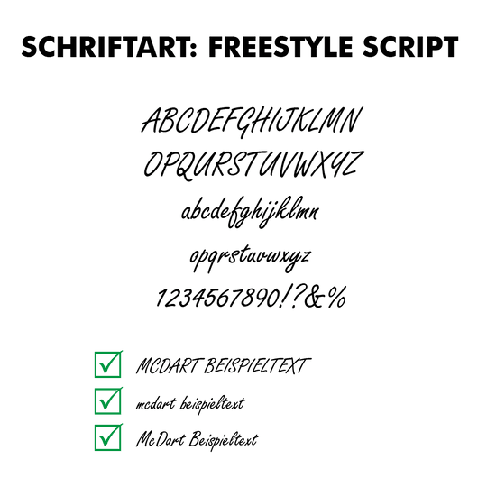 Flightdruck-Schriftart-Freestyle-Scriptjs85TAI9E00rd 10 Satz Bedruckte Flights 2-Seitig - Wunschtext - MDX Standard. Die Flights liegen sortiert aufeinander.