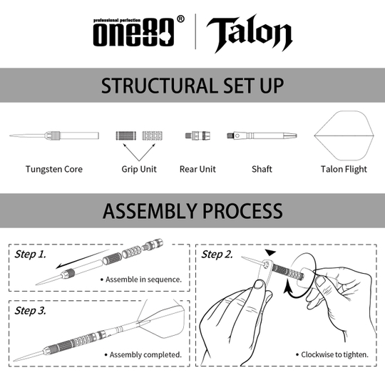 Freccette in acciaio One80 Talon T1 Abgebildet sind die One80 Talon Steeldarts. Diese Darts bieten eine hochwertige Verarbeitung und ein modernes Design.