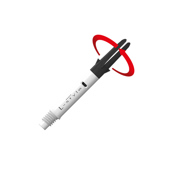 L-L-Style-Shaft Carbon Silent Straight - Bianco Das Bild zeigt einen weißen und schwarzen Dartshaft mit der Aufschrift "L-style". Ein roter Pfeil deutet auf eine Drehbewegung an der oberen schwarzen Spitze des Schafts hin.