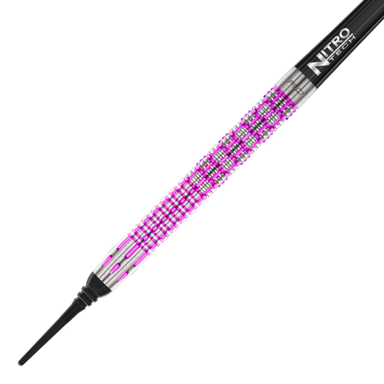 Freccette morbide Red Dragon Tyrian - 22 g Das Bild zeigt einen Red Dragon Tyrian Softdart mit einem Gewicht von 22g. Der Dart hat ein auffälliges Muster in Silber und Pink am Griff.